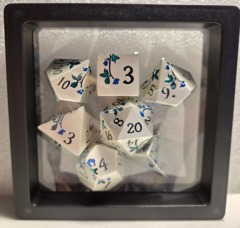 Dice Set: 7 Set Polyhedral Sharp Edge Heavy Metal Silver with Blue Flowers MM742